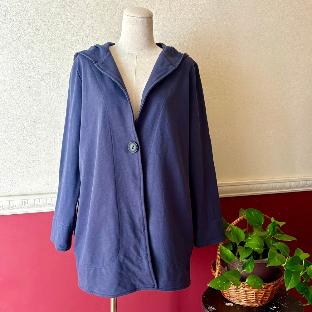 Focus Casual Life Navy Blue Hooded Button Front Cotton Blend Cardigan Jacket S
